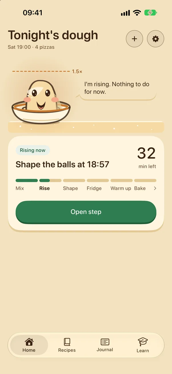 Pizza Night home screen: Doughy rising in his bowl says I'm rising, nothing to do for now. Next: shape the balls at 18:57, 32 minutes left