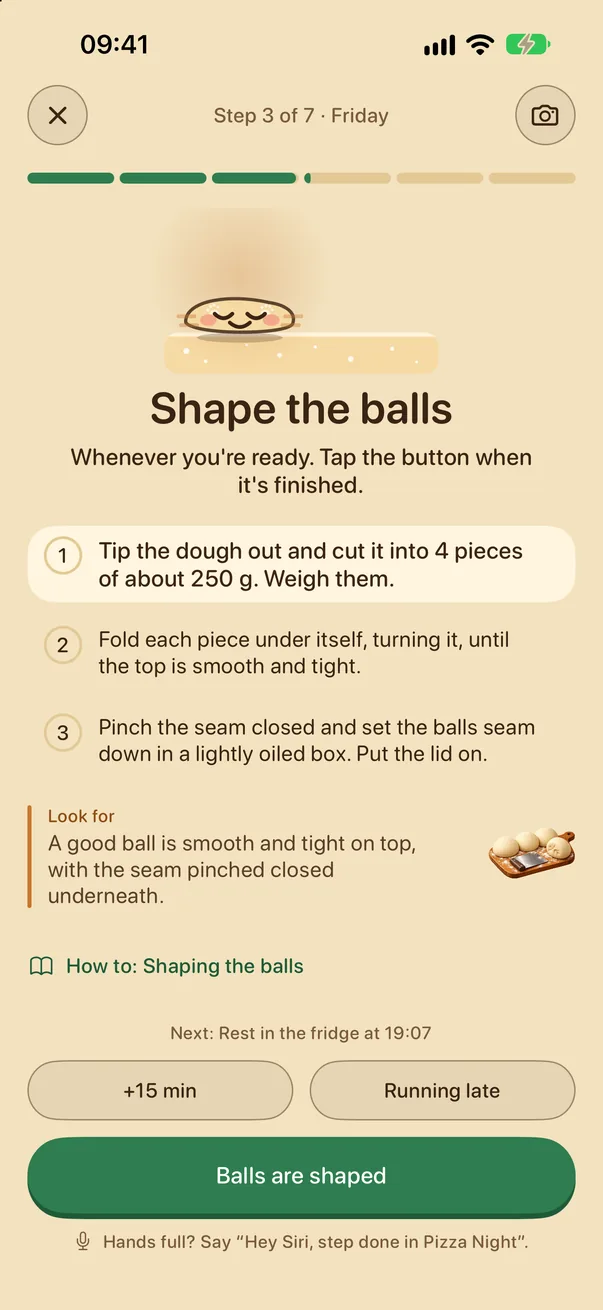 Step mode: shape the balls in three short steps, with what to look for, +15 min, Running late and Balls are shaped